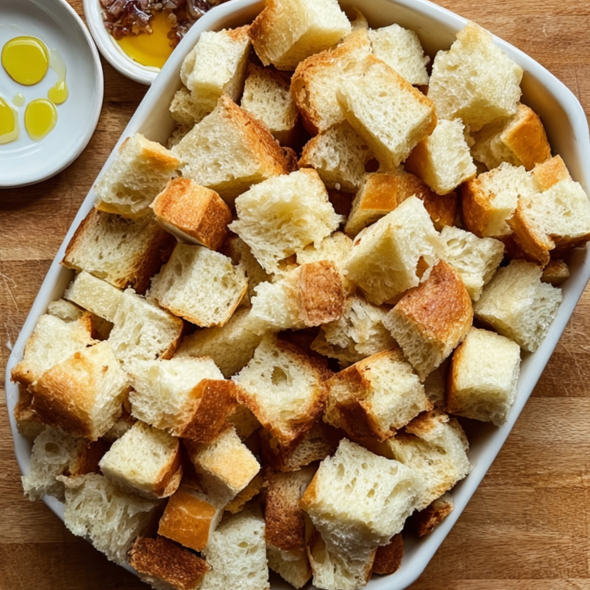 Cubes of fresh bread ready to be transformed into a comforting bread pudding. The bread cubes are perfectly toasted, ensuring they’ll soak up all the delicious flavors of the chocolate and custard mixture.