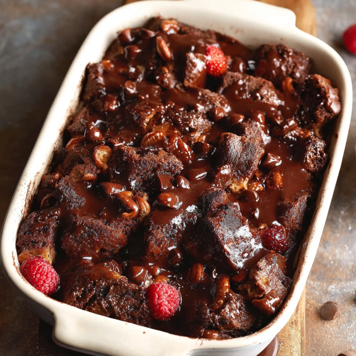 A baking dish filled with cubed bread soaking in a luscious chocolate sauce. The dish is ready to go into the oven, promising a gooey, melt-in-your-mouth chocolate bread pudding once baked.