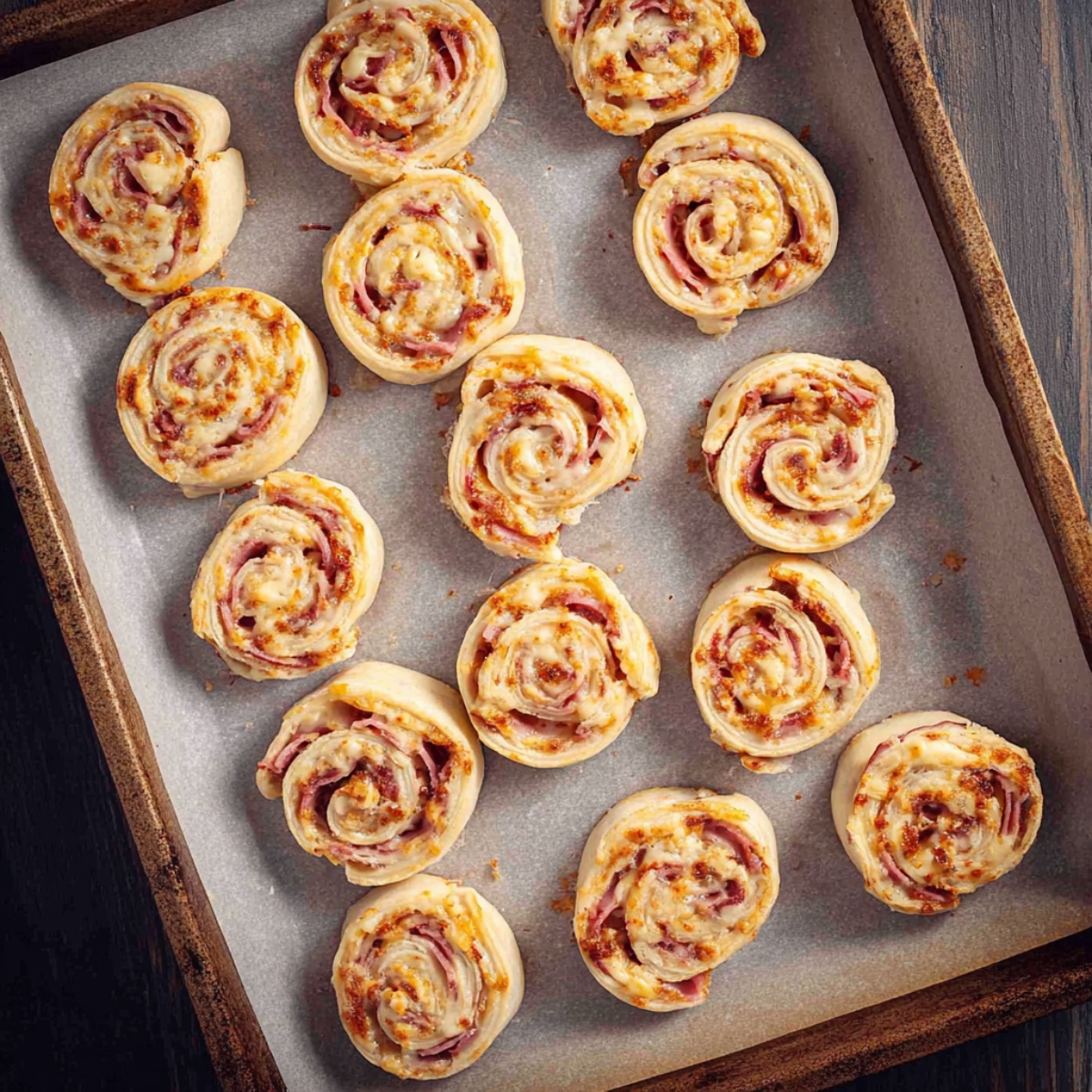 Close up of a baking sheet lined with parchment paper holding neatly arranged raw ham and cheese pinwheels, overhead view, warm natural lighting, detailed texture of puff pastry and melted cheese, appetizing food photography style, high resolution