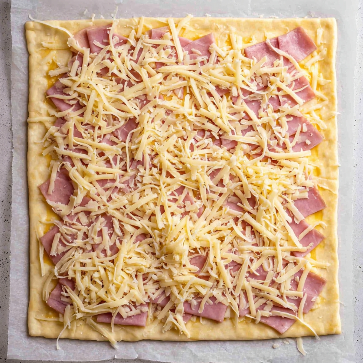 Close up of a square sheet of puff pastry topped with sliced ham and shredded cheese, neatly arranged on parchment paper, bright natural lighting, overhead view, crisp and appetizing, high detail, food photography style