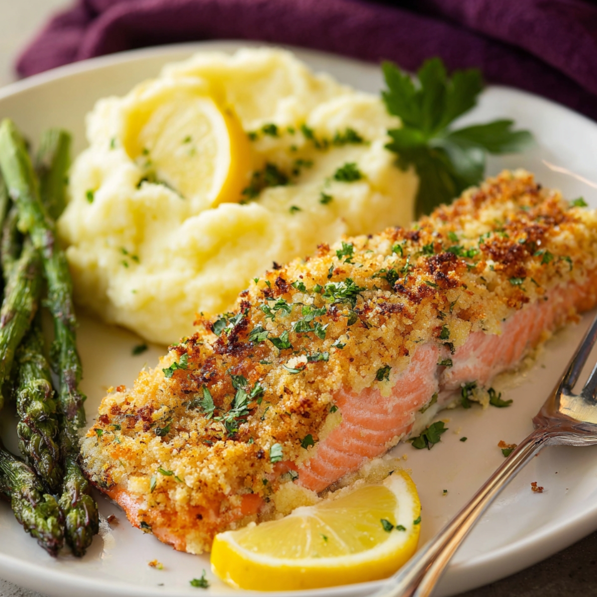 Baked Salmon with Garlic Parmesan Bread Close up of a baked Parmesan-crusted salmon fillet on a white plate, served with buttery mashed potatoes and steamed asparagus, garnished with a lemon slice and parsley, bright natural lighting, high detail, food photography style, vibrant colors and textures.
