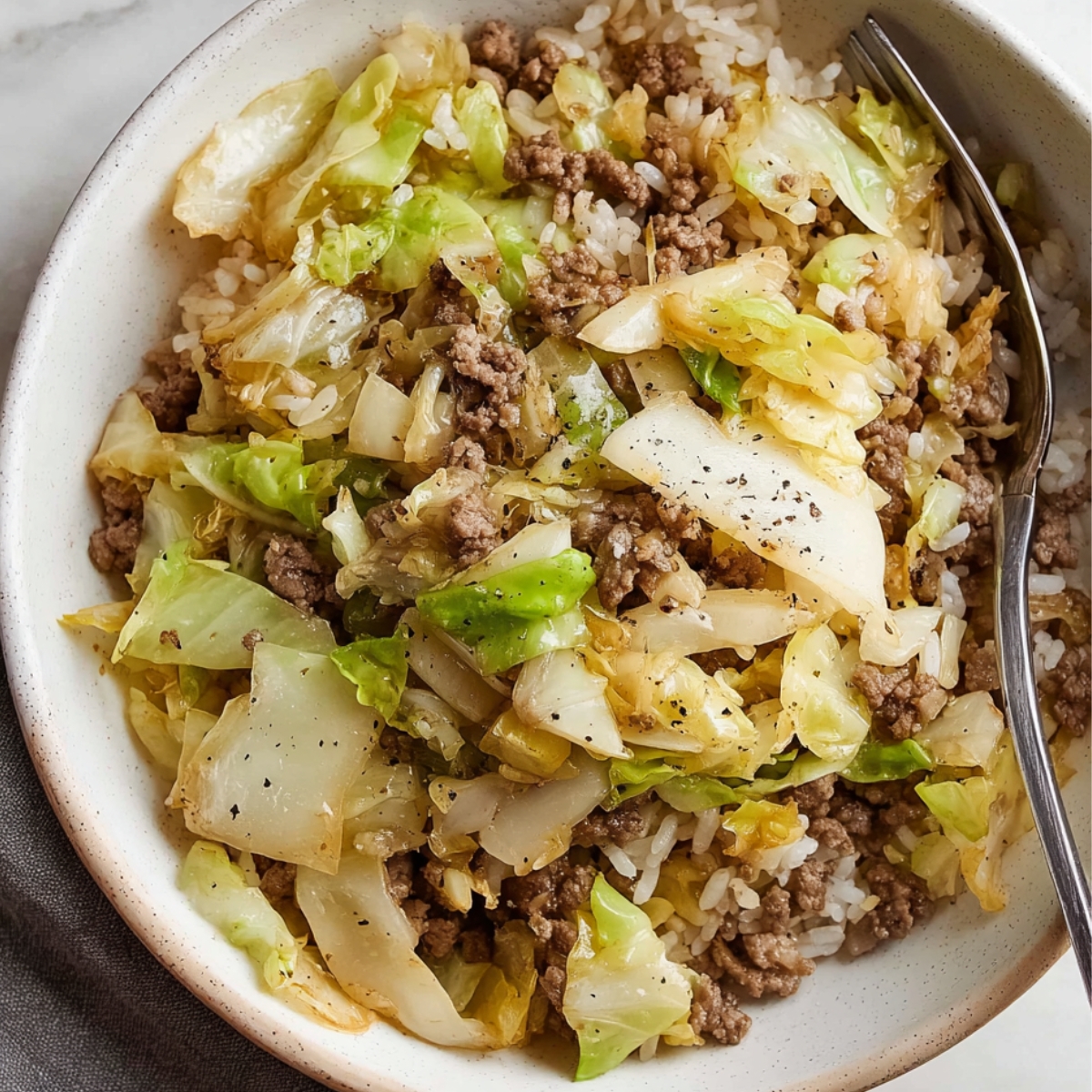Beef cabbage and rice recipe Close up of a cozy bowl filled with sautéed beef, cabbage, and rice, garnished with black pepper for extra flavor.