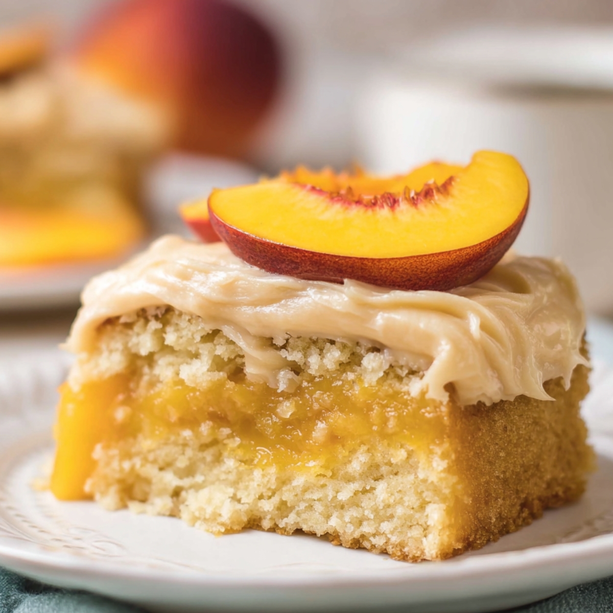 Brown Sugar Peach Cake Close up view of a slice of peach cake that looks freshly baked and ready to enjoy. The cake’s tender yellow crumb is speckled with chunks of juicy peaches, while the thick frosting on top adds a creamy, indulgent layer of flavor. A peach wedge decorates the slice, enhancing the visual appeal and highlighting the fruitiness of the dessert. Shot with warm, natural light and a shallow depth of field, the image captures every texture detail—from the soft cake to the smooth frosting—making it look irresistible and perfect for food blogs, recipe posts, or social media content.