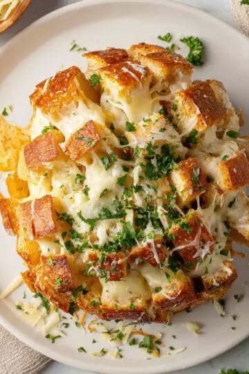 Cheesy Garlic Pull Apart Bread Close up of a cheesy garlic pull-apart bread on a white plate, golden melted cheese between perfectly baked bread squares, garnished with fresh parsley, with a few forks and shredded cheese in the background, top-down view, bright natural lighting, detailed food photography, warm and appetizing tones.