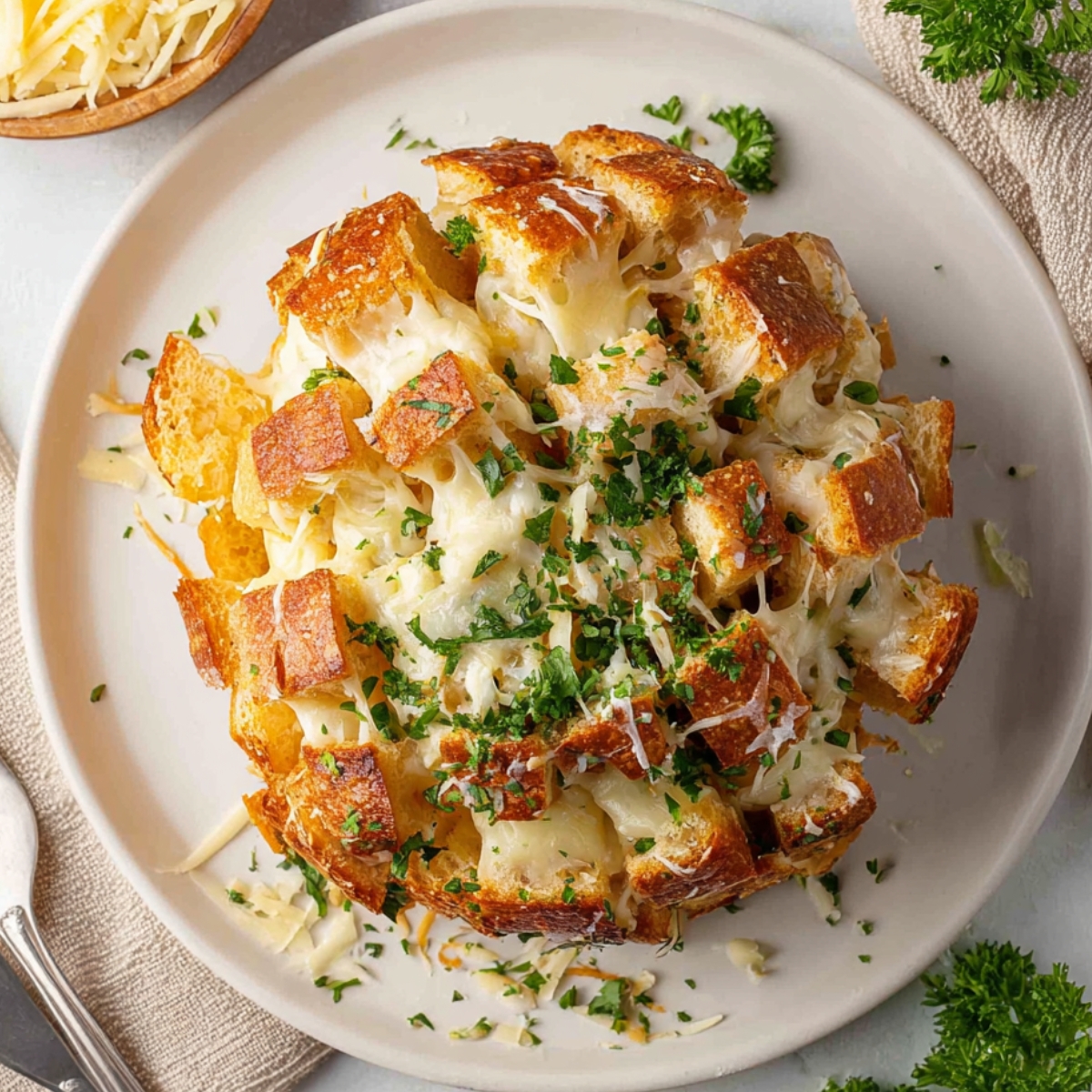 Cheesy Garlic Pull Apart Bread Close up of a cheesy garlic pull-apart bread on a white plate, golden melted cheese between perfectly baked bread squares, garnished with fresh parsley, with a few forks and shredded cheese in the background, top-down view, bright natural lighting, detailed food photography, warm and appetizing tones.