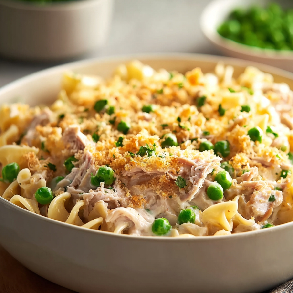 Cheesy Tuna Noodle Casserole Creamy tuna noodle casserole fresh from the oven, topped with golden breadcrumbs and vibrant green peas a cozy homemade comfort dish.