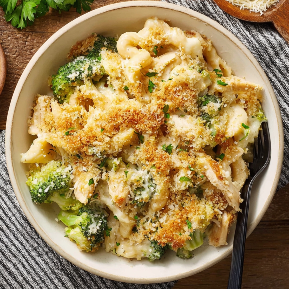 Chicken Alfredo Bake Close up of creamy chicken Alfredo pasta bake with broccoli and golden-brown breadcrumbs in a white bowl, black fork on the side, garnished with fresh parsley, served on a wooden table with a striped napkin and a small bowl of grated Parmesan, cozy home-cooked meal, high detail, overhead view.