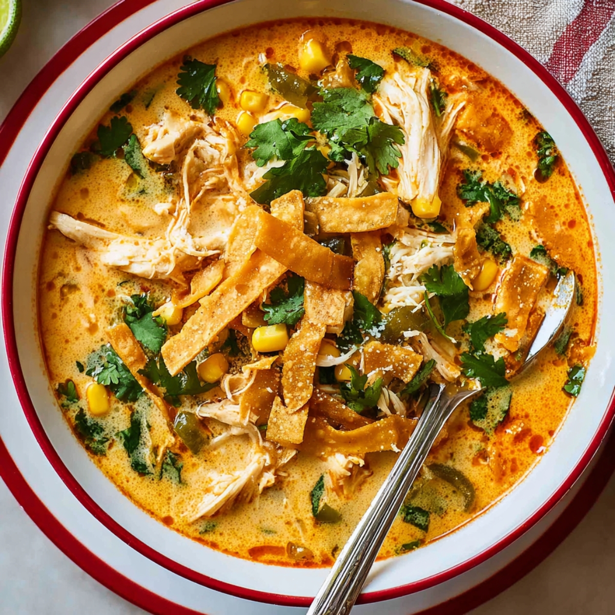Chicken Poblano Soup Close up of a creamy chicken poblano soup in a white bowl with red rim, topped with shredded chicken, crispy tortilla strips, sweet corn, and fresh cilantro, rich orange broth with a velvety texture, spoon resting in the bowl, overhead food photography, vibrant colors, natural lighting, cozy homemade comfort food scene, high detail and appetizing presentation