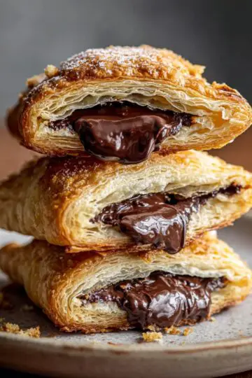 Chocolate Fried Hand Pies Close up view of stacked chocolate-filled hand pies on a simple plate, highlighting the flaky, buttery layers and the rich, molten chocolate filling inside, small pastry flakes scattered on the plate adding realism, soft diffused light illuminating the surface, shallow depth of field blurring the background for a dramatic focus on the texture and sheen of the chocolate, capturing the warmth, indulgence, and handcrafted detail of homemade desserts, perfect for editorial or social media food photography.