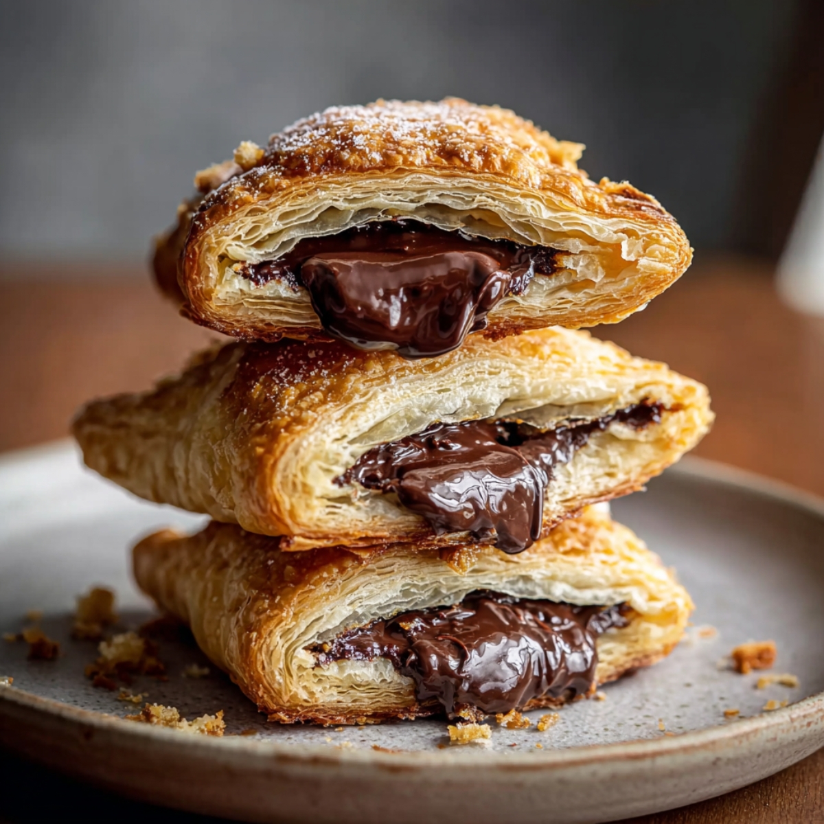Chocolate Fried Hand Pies Close up view of stacked chocolate-filled hand pies on a simple plate, highlighting the flaky, buttery layers and the rich, molten chocolate filling inside, small pastry flakes scattered on the plate adding realism, soft diffused light illuminating the surface, shallow depth of field blurring the background for a dramatic focus on the texture and sheen of the chocolate, capturing the warmth, indulgence, and handcrafted detail of homemade desserts, perfect for editorial or social media food photography.