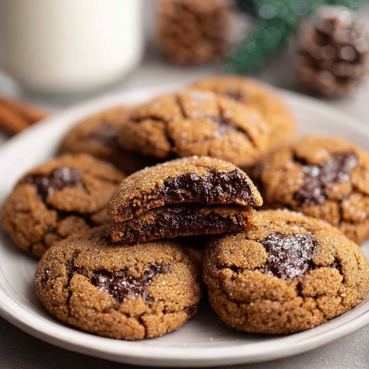 Chocolate Molasses Cookies Recipe Close up of a plate of ginger chocolate molasses cookies, showing their golden-brown color and chewy texture with a chocolate chip filling, perfect for the holiday season.