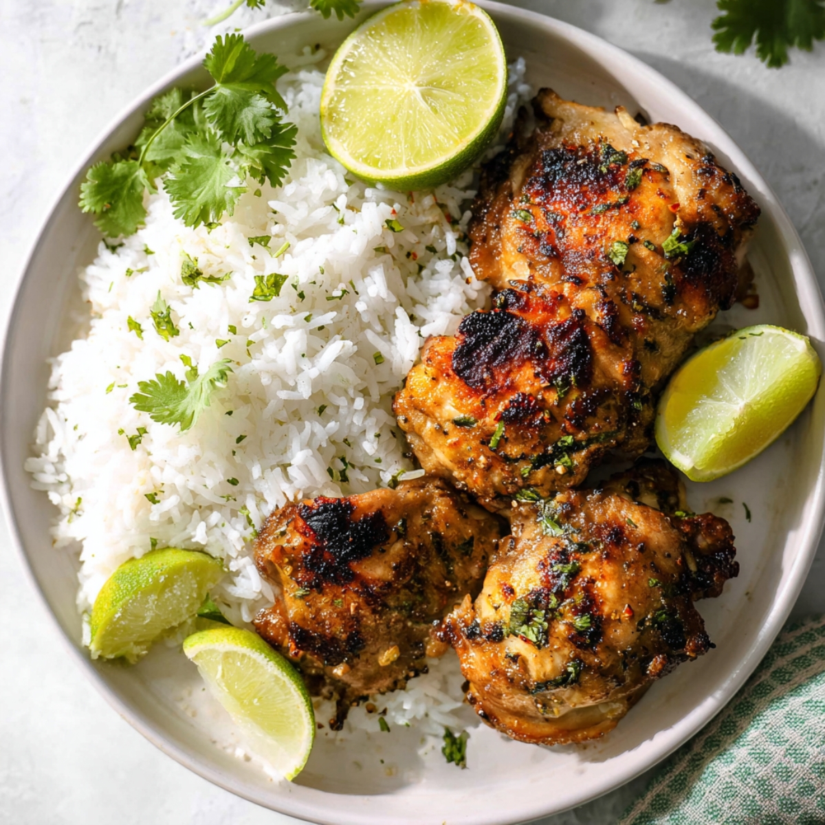 Cilantro Lime Chicken Bring restaurant-quality flavors to your kitchen with this juicy cilantro lime chicken plated with fluffy white rice and fresh lime wedges. Marinated to perfection with garlic, lime, and cilantro, then grilled to golden perfection, this dish is bursting with vibrant colors and irresistible aromas. Ideal for a healthy, satisfying dinner that’s simple to prepare yet full of bold, fresh flavors!