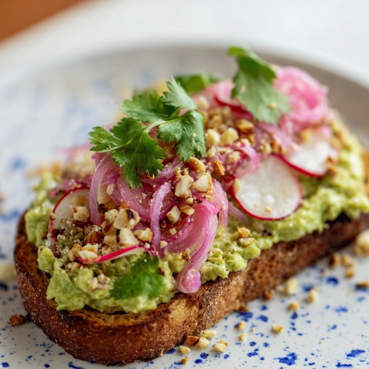Cilantro Lime Toast Close up of a slice of toast topped with creamy green spread, pickled red onions, fresh cilantro, radish slices, and crushed nuts, served on a white plate with blue speckles, natural lighting, high detail, shallow depth of field, gourmet food styling.