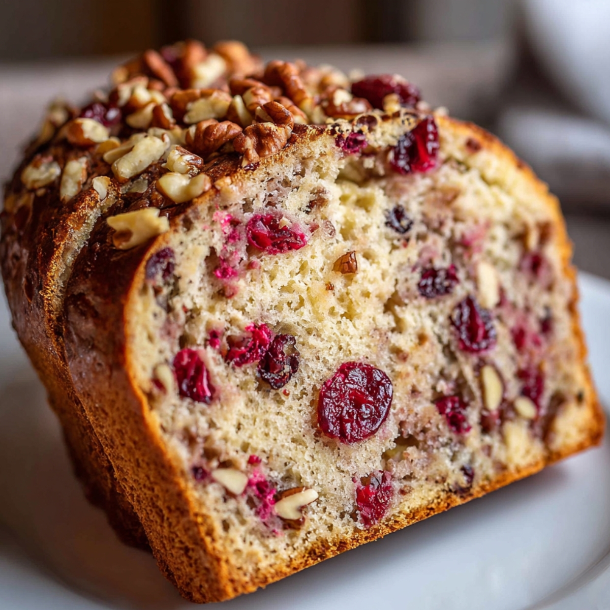 Cranberry Walnut Bread 
Cranberry Walnut Bread Close up of a freshly baked slice of cranberry walnut bread, revealing its soft texture and fruity, nutty interior.