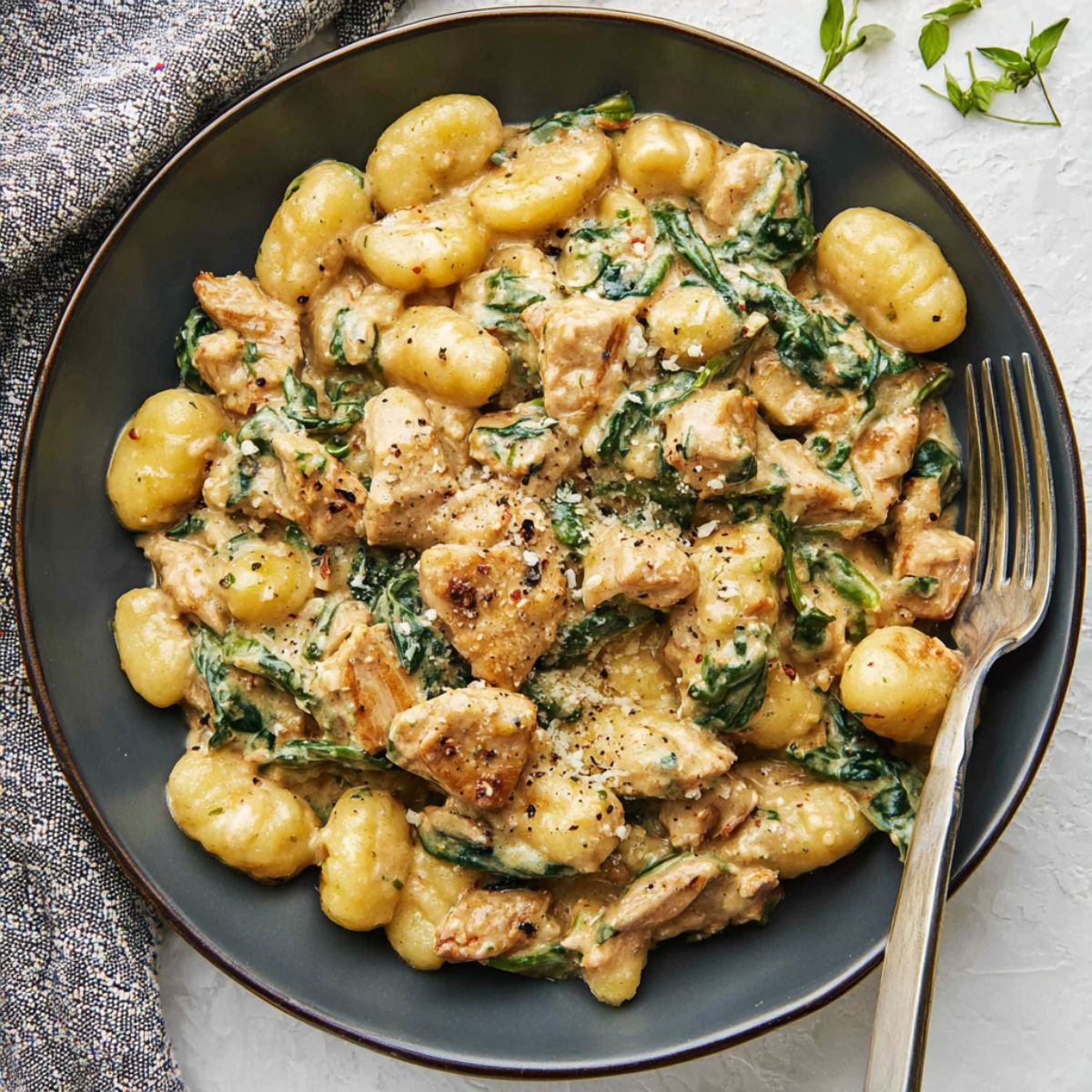 Creamy Chicken and Gnocchi Close up of creamy chicken gnocchi on a white plate, tender chicken pieces, soft gnocchi, fresh spinach, rich cream sauce, black fork on the side, natural lighting, vibrant colors, appetizing texture, overhead food photography style