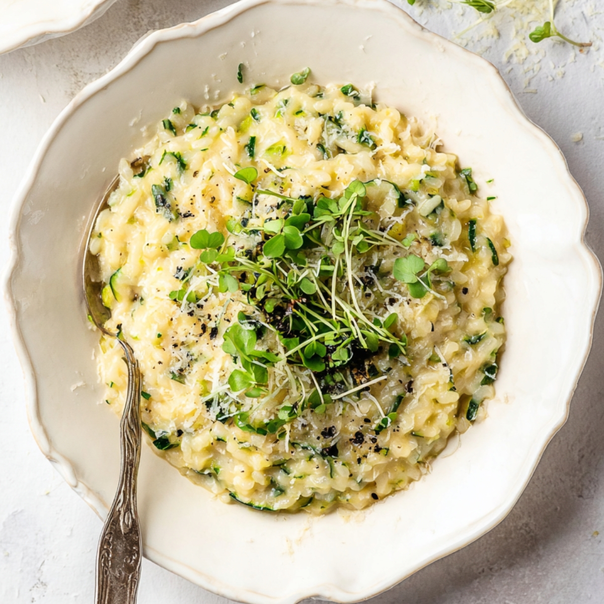 Creamy Zucchini Risotto Creamy Zucchini Risotto with Fresh Microgreens – A Light and Delicious Dinner