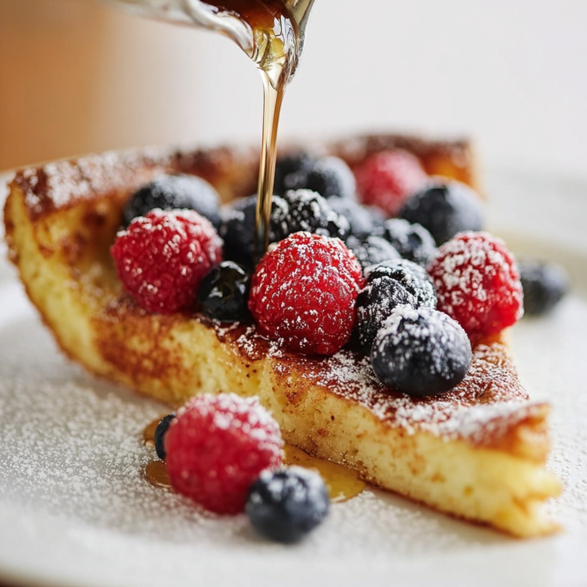 Dutch Baby Close up of a slice of Dutch baby pancake on a white plate, topped with fresh blueberries and raspberries, dusted with powdered sugar, with syrup being poured over, soft natural lighting, high detail of texture and fruit.