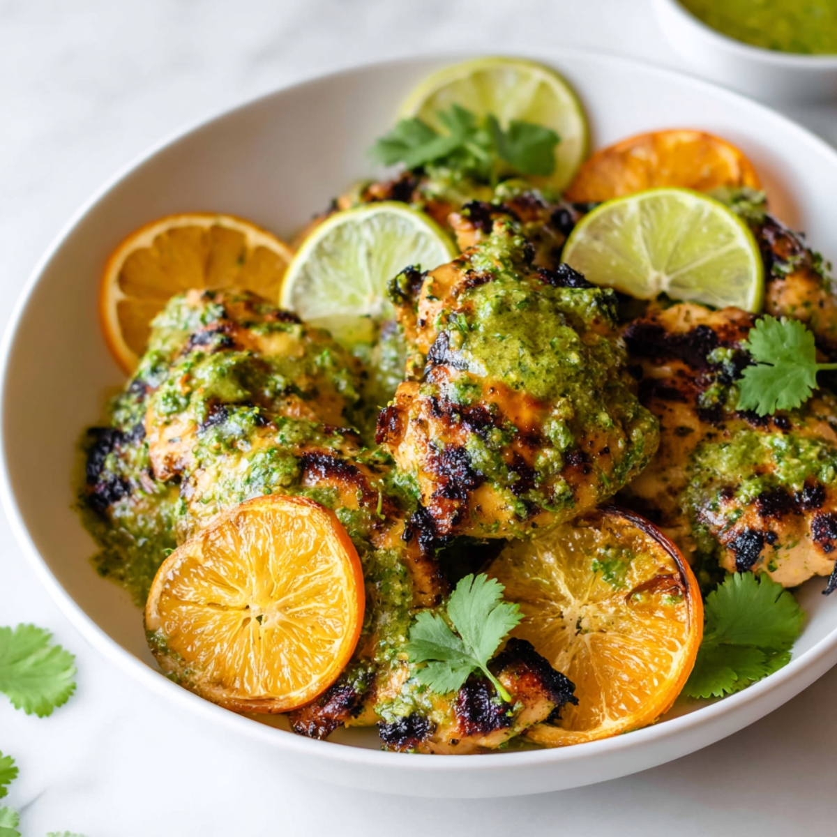 Easy Mojo Chicken Close up of juicy grilled chicken pieces coated in vibrant green cilantro sauce, garnished with fresh lime slices, orange slices, and scattered cilantro leaves, served in a white bowl on a light marble surface, natural lighting, high detail, food photography, fresh and healthy aesthetic, shallow depth of field, bright and clean composition, appetizing and colorful plating
