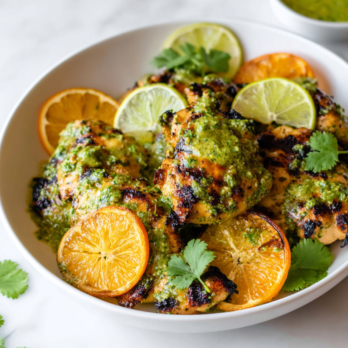 Easy Mojo Chicken Close up of juicy grilled chicken pieces coated in vibrant green cilantro sauce, garnished with fresh lime slices, orange slices, and scattered cilantro leaves, served in a white bowl on a light marble surface, natural lighting, high detail, food photography, fresh and healthy aesthetic, shallow depth of field, bright and clean composition, appetizing and colorful plating