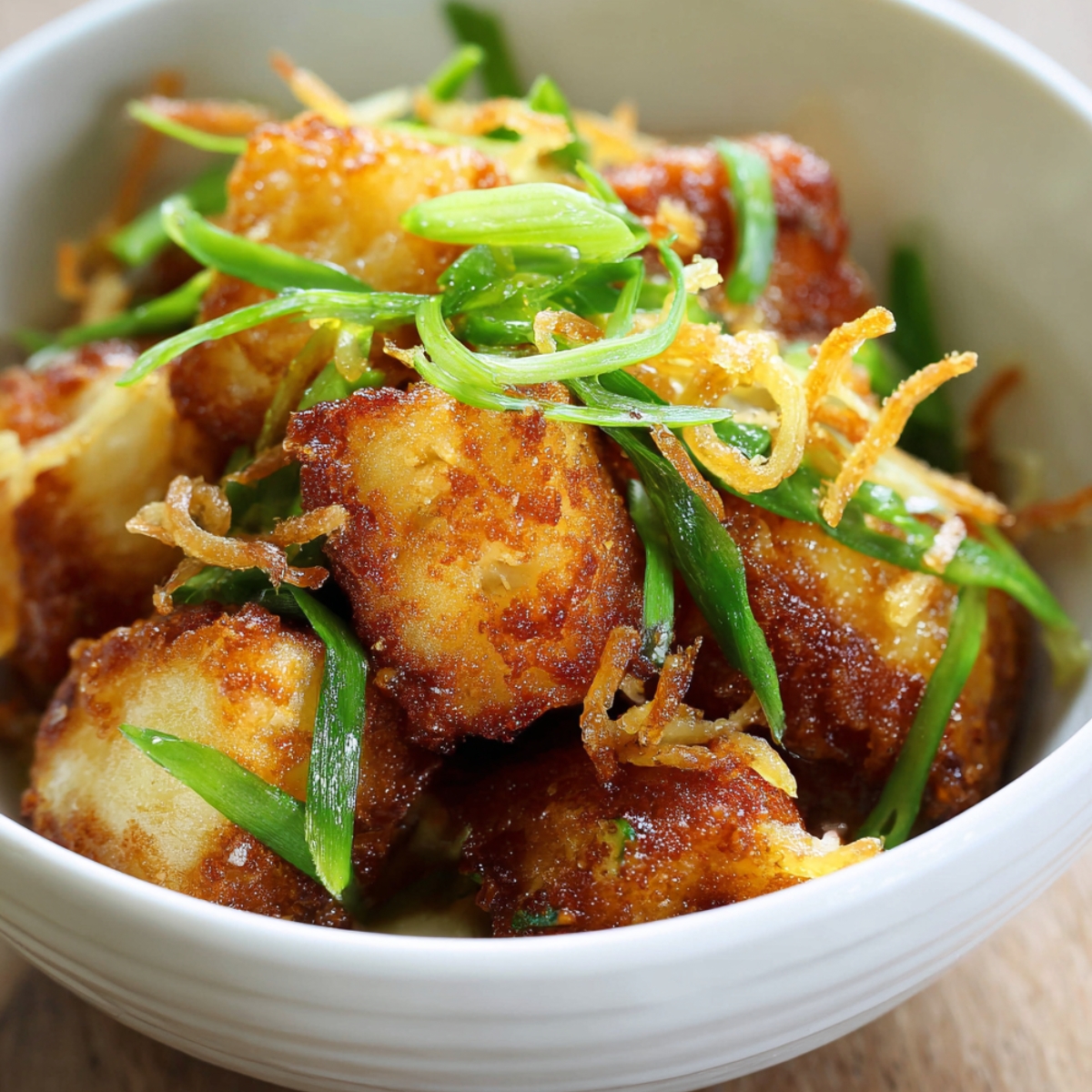 Ginger Soy Fish Close up of crispy fried fish cubes garnished with thin julienned fried ginger and sliced green onions in a white bowl, high detail, vibrant colors, appetizing texture, shallow depth of field, natural lighting, food photography style