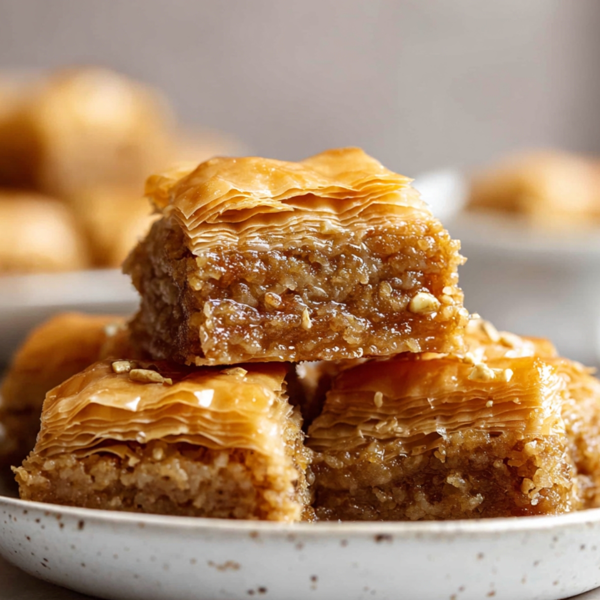 Greek Baklava recipe Close up of golden homemade baklava squares stacked on a white ceramic plate, showing delicate layers of flaky phyllo pastry and finely chopped nut filling soaked in syrup, warm natural lighting, soft blurred kitchen background, rich textures and crispy edges visible, Mediterranean dessert presentation, high-resolution food photography with shallow depth of field.