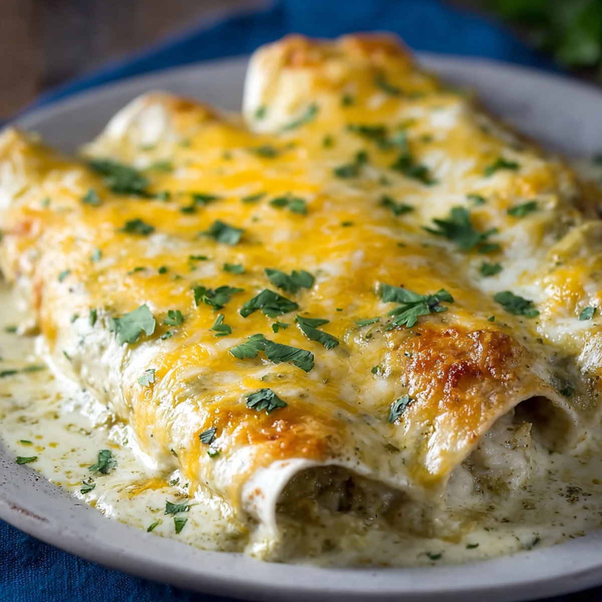Green Chile Chicken Enchiladas Close-up of a plate of baked green chili chicken enchiladas, covered in melted cheese and garnished with parsley, making for a delicious, comforting dish.