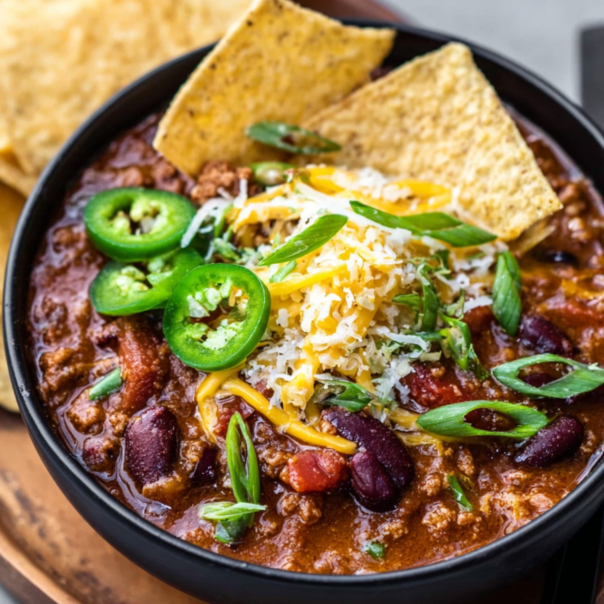 Homemade Chili Recipe Close up of a steaming bowl of chili topped with cheese, fresh jalapeños, and crispy tortilla chips, a comforting and flavorful treat.