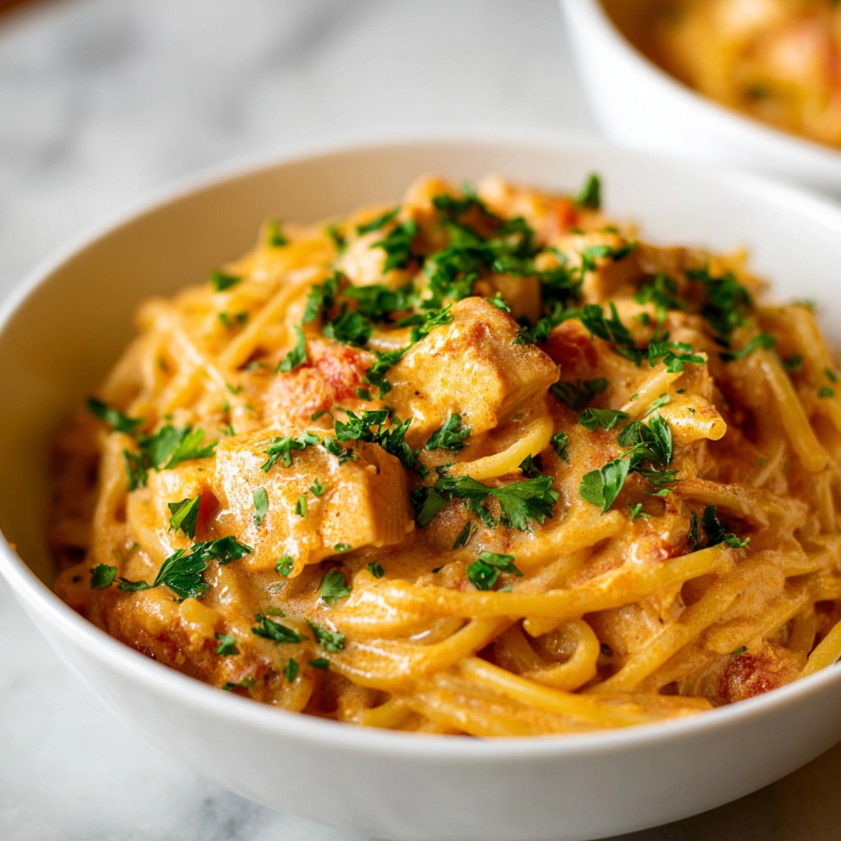Instant Pot Chicken Spaghetti A comforting bowl of spaghetti tossed in a rich, creamy tomato sauce with tender chicken pieces and topped with fresh parsley. Perfect for a cozy homemade meal.