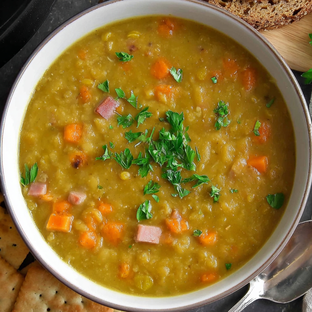 Instant Pot Split Pea Soup Classic Split Pea Soup Served with Fresh Bread – Cozy & Delicious