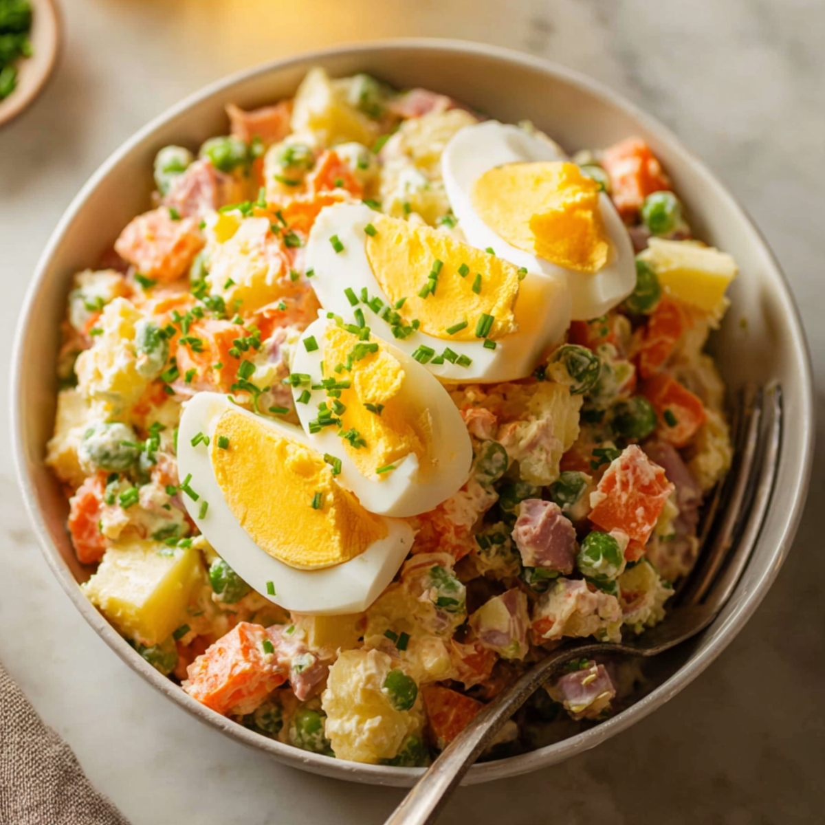 Olivier Potato Salad Close up of a bowl of Russian Olivier salad with diced carrots, potatoes, peas, ham, chopped boiled eggs, and green onions, topped with three slices of boiled egg and garnished with chopped chives, served with a fork on a marble countertop, warm natural lighting, high detail, vibrant and appetizing food photography style