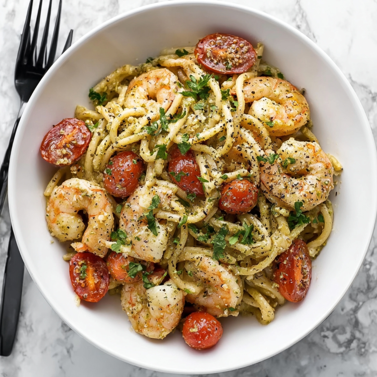 Pesto Shrimp Pasta Close up of a bowl of shrimp pesto pasta with cherry tomatoes, garnished with fresh parsley and cracked black pepper, served in a white bowl on a white marble countertop with a black fork, top-down view, vibrant colors, appetizing food photography, high detail, natural lighting.