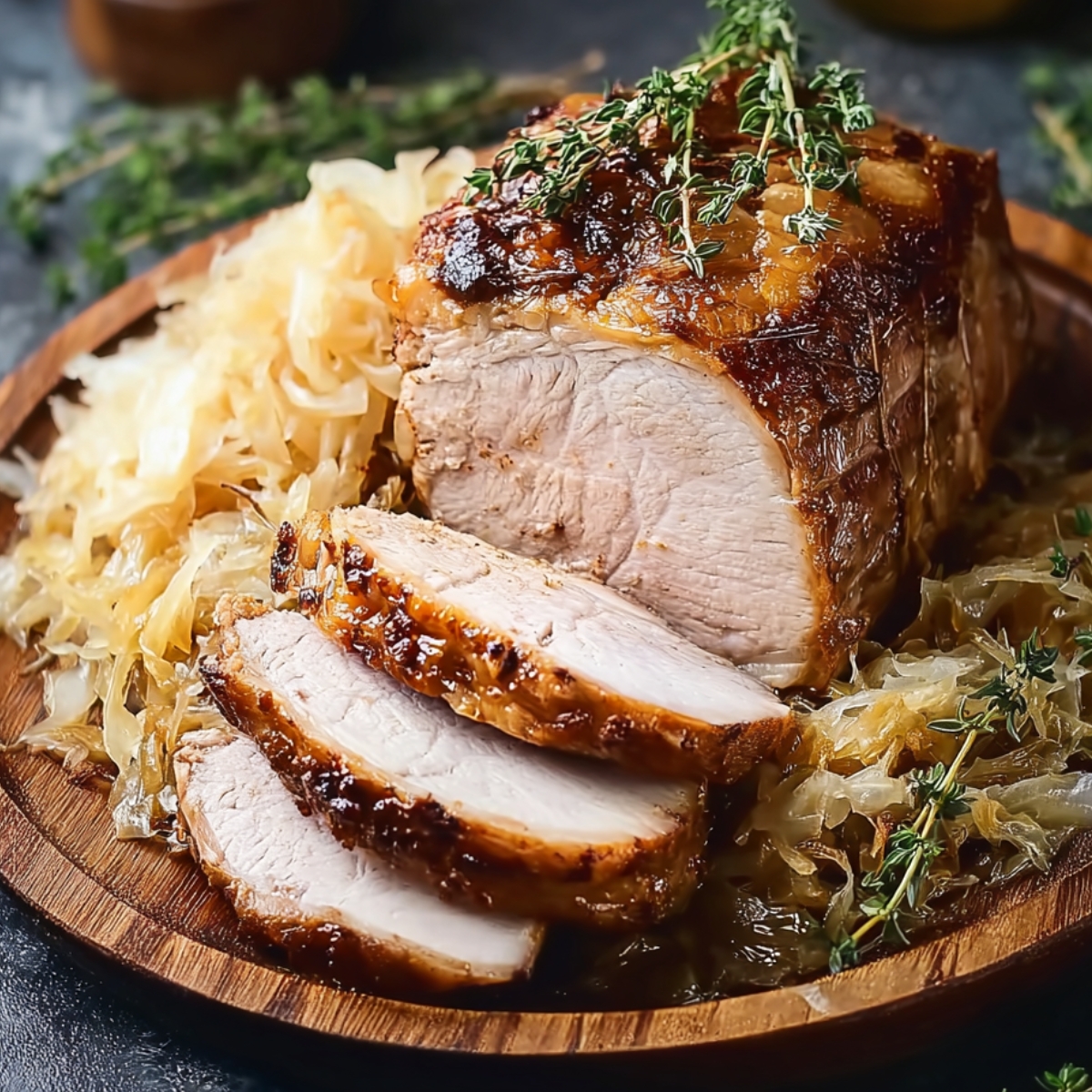 Pork and Sauerkraut Close up of a sliced roasted pork loin served on a wooden plate with a bed of sauerkraut, garnished with fresh thyme, showing juicy, tender meat with a golden-brown crust, rich textures, and warm natural lighting, styled for appetizing food photography.