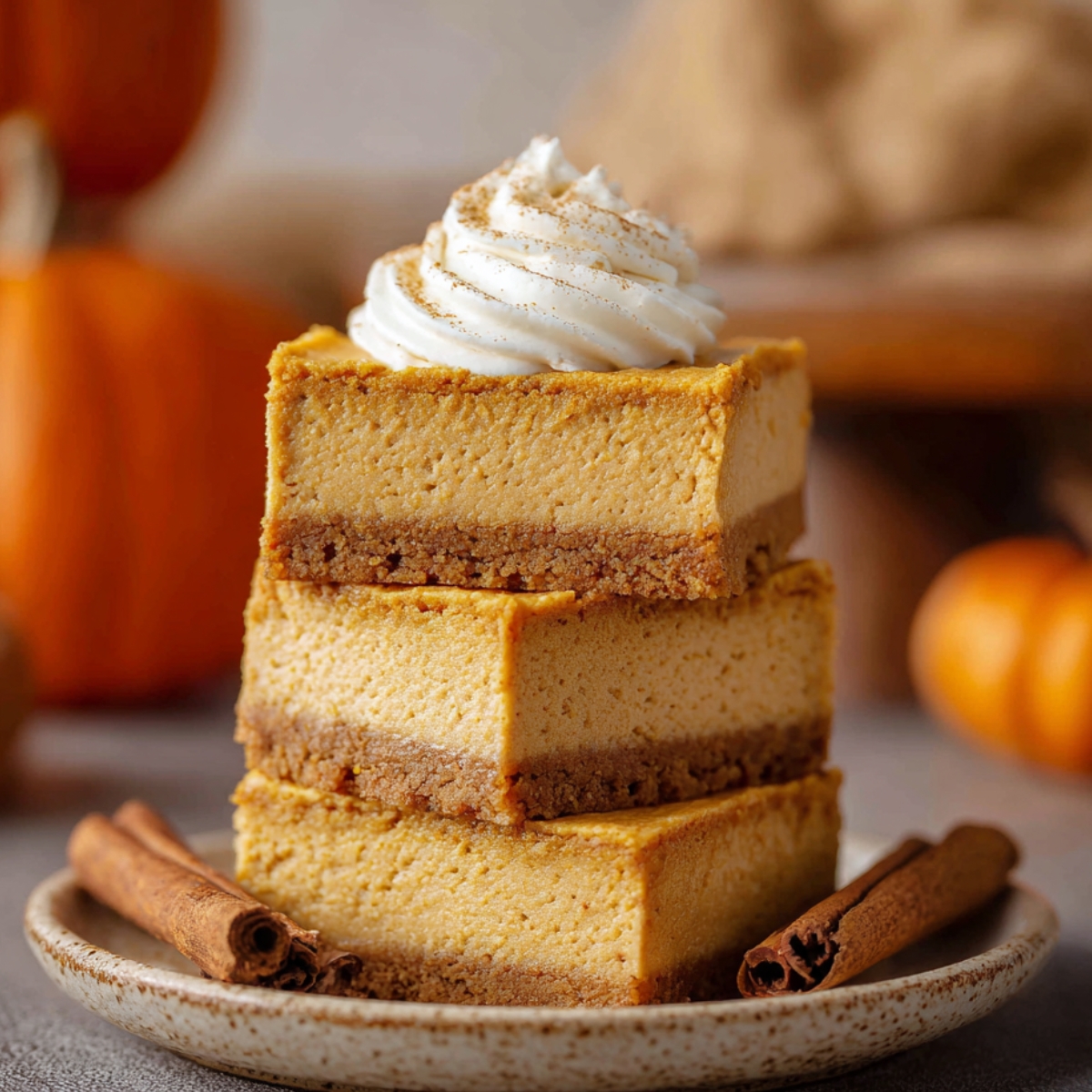 Pumpkin Cheesecake Bars Close up of three stacked pumpkin cheesecake bars with a golden crust, topped with a swirl of whipped cream, set on a ceramic plate with cinnamon sticks nearby, blurred pumpkins in the background, warm natural lighting highlighting the creamy texture and autumnal colors, high-resolution food photography.