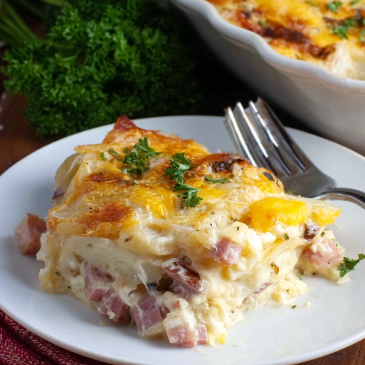 Scalloped Potatoes and Ham Close up of scalloped potatoes and diced ham in a baking dish, layered with creamy cheese sauce and shredded cheddar, rustic home-cooked comfort food, top-down view, natural lighting, realistic food photography, high detail