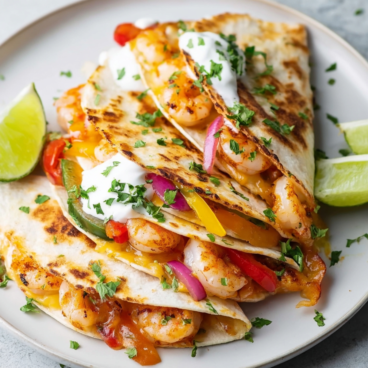 Sheet Pan Shrimp Fajitas Close up of freshly cooked shrimp quesadillas on a white plate, filled with plump shrimp, melted cheese, red and yellow bell peppers, and red onions, garnished with chopped cilantro, a dollop of sour cream, and a lime wedge on the side, vibrant colors, top-down food photography style, bright natural lighting highlighting textures and melted cheese.