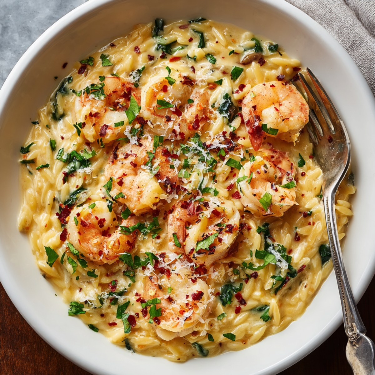 Shrimp Orzo Close up of a creamy shrimp and orzo pasta in a white bowl, garnished with chopped parsley, grated cheese, and red pepper flakes, fork resting on the side, rich textures, warm natural lighting, slightly angled top-down view, vibrant and appetizing food photography style, high detail, fresh and delicious presentation