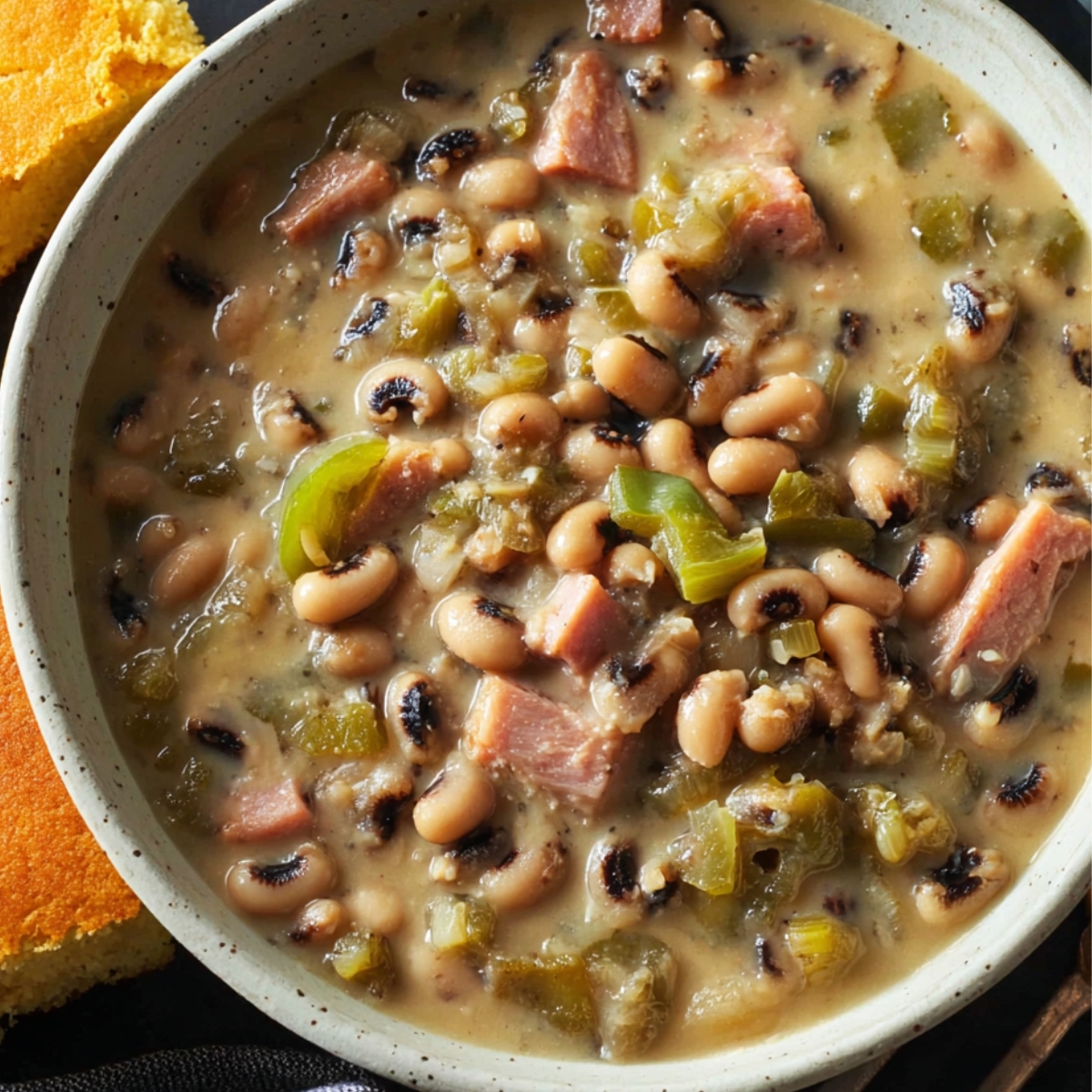 Southern Black Eyed Peas Close up of creamy Southern black-eyed peas with ham and green peppers, served with golden cornbread, warm and inviting comfort food scene
