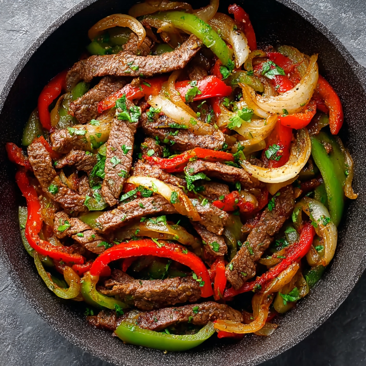 Steak Fajitas Close up of a skillet filled with sizzling beef fajitas, with juicy strips of steak, red and green bell peppers, and sautéed onions, garnished with fresh herbs, vibrant colors, high detail, food photography style, top-down view, appetizing and savory.