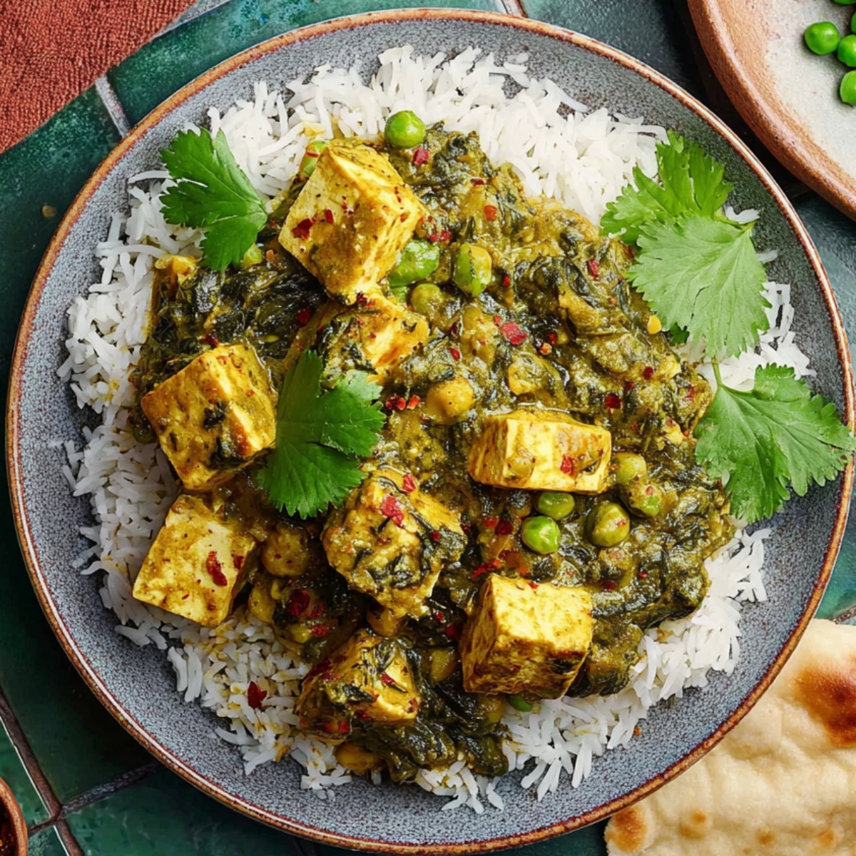 Tofu Spinach Green Pea Curry Close up of a plate of Palak Matar Tofu Curry served over fluffy white rice, garnished with fresh cilantro, with a side of naan and spices on a rustic green tiled surface, vibrant colors, top-down view, bright natural lighting, high-detail food photography, healthy Indian cuisine