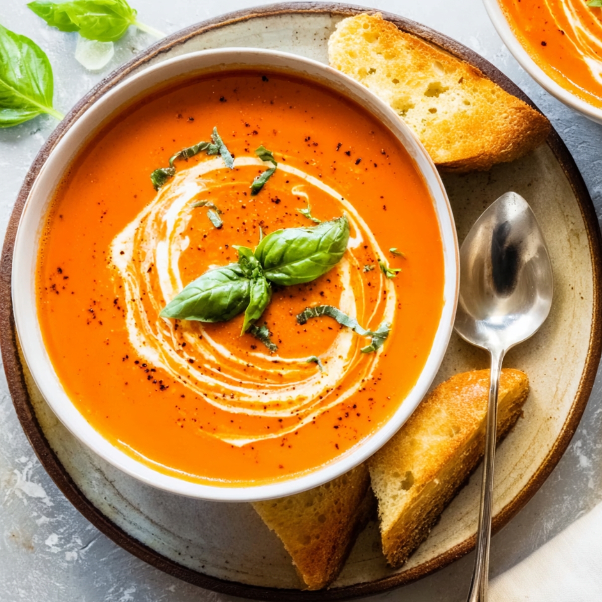 Tomato Bisque Soup Close up of a creamy tomato bisque in a white bowl, garnished with fresh basil and a swirl of cream, served with toasted bread on a rustic plate, bright natural lighting, overhead view, vibrant colors, food photography style