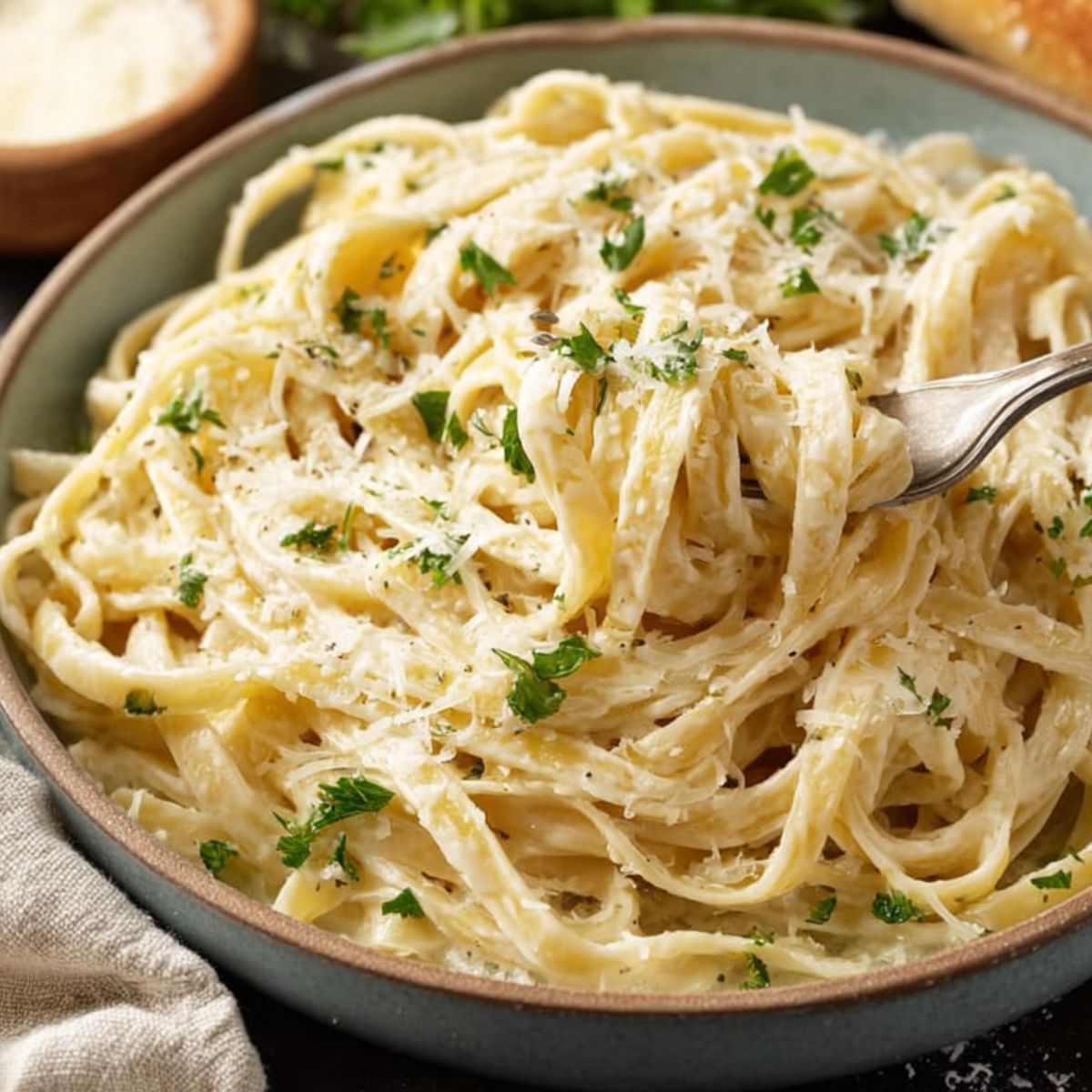 Traditional Fettuccine Alfredo Close up of a bowl of fettuccine pasta tossed in creamy Alfredo sauce, garnished with freshly grated Parmesan cheese and parsley, fork twirling some pasta, soft natural lighting, rustic table setting with bread in the background, food photography style, high detail and appetizing presentation.