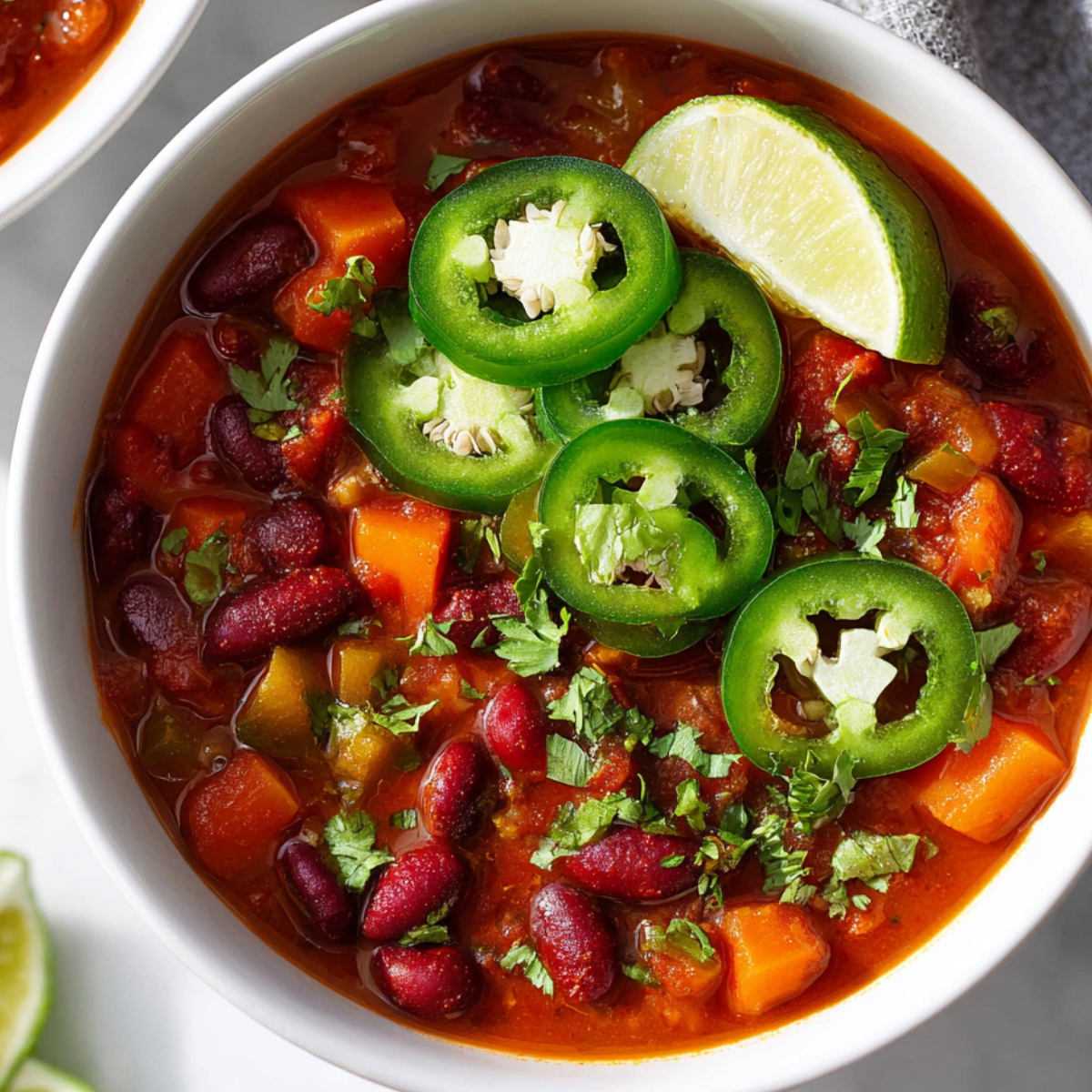 Vegetarian Chili with Butternut Squash A bright and colorful bowl of vegetarian chili, garnished with fresh sliced jalapeños, a lime wedge, and chopped cilantro. Loaded with beans, vegetables, and bold flavors, this chili is the perfect hearty, healthy dinner that’s both satisfying and visually stunning.