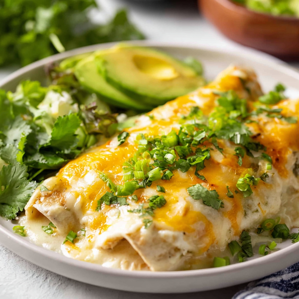 White Chicken Enchiladas Close up of a plate of white chicken enchiladas that are loaded with shredded chicken, covered in creamy sauce, and topped with melted cheddar and mozzarella cheese. Garnished with fresh cilantro, green onions, and served alongside sliced avocado, this dish combines comforting flavors with a fresh, healthy touch. A must-try recipe for anyone looking to make flavorful, easy, and visually stunning enchiladas at home.