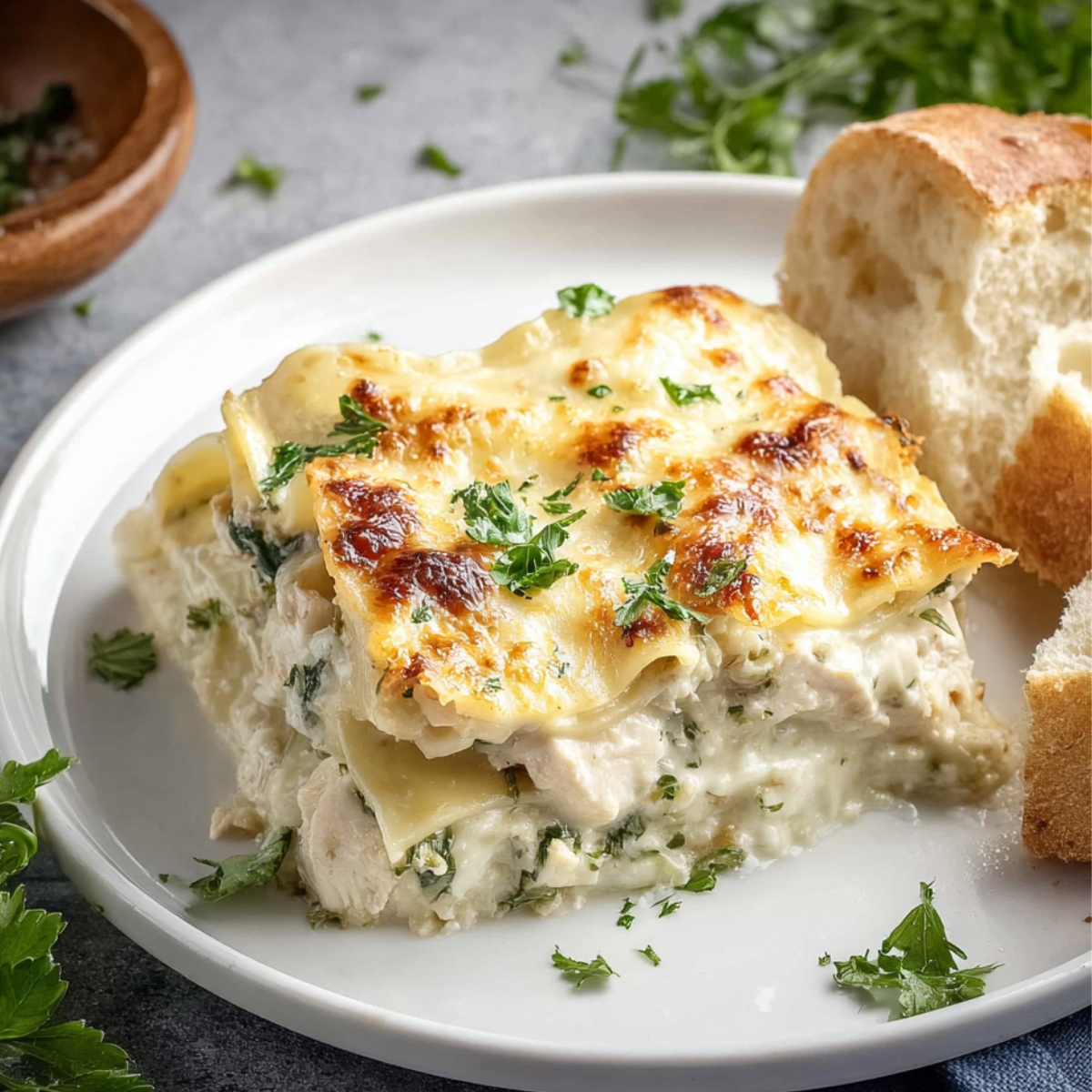 White Chicken Lasagna Close up of a plate of creamy white chicken lasagna, topped with fresh parsley and served alongside crusty bread for the perfect meal.