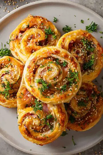 ham and cheese puff pastry pinwheels Close up of a plate stacked with golden baked ham and cheese pinwheels garnished with fresh parsley, sesame seeds scattered around, overhead view, bright natural lighting, crispy puff pastry texture, appetizing food photography style, high detail