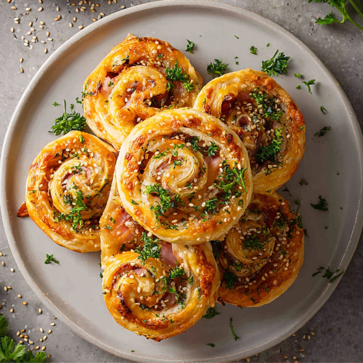 ham and cheese puff pastry pinwheels Close up of a plate stacked with golden baked ham and cheese pinwheels garnished with fresh parsley, sesame seeds scattered around, overhead view, bright natural lighting, crispy puff pastry texture, appetizing food photography style, high detail