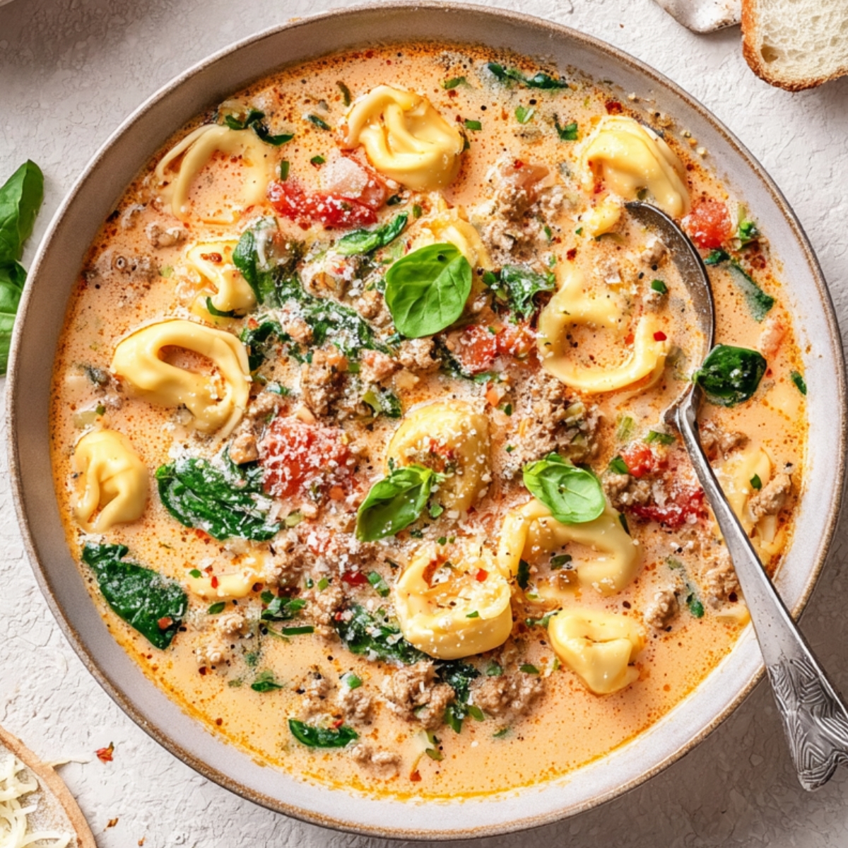 Spinach Tortellini Soup with Italian Sausage

 Close up of a bowl of creamy tortellini soup with ground meat, spinach, and diced tomatoes, garnished with fresh basil, with a spoon inside, surrounded by Parmesan cheese, fresh spinach, and bread, top-down view, bright natural lighting, food photography style, high detail