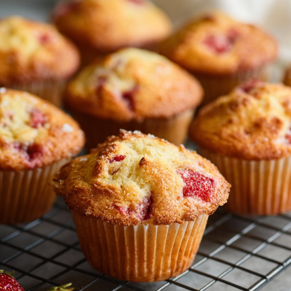 strawberry muffins 

A tempting close-up of homemade strawberry muffins, cooling after baking. The muffins are golden on the outside and soft on the inside, with juicy pieces of strawberries throughout. Captured on a wire rack with a soft kitchen backdrop, this image showcases the perfect texture and color of freshly baked muffins. These strawberry muffins are a simple yet delicious way to start the day or enjoy a sweet snack anytime.
