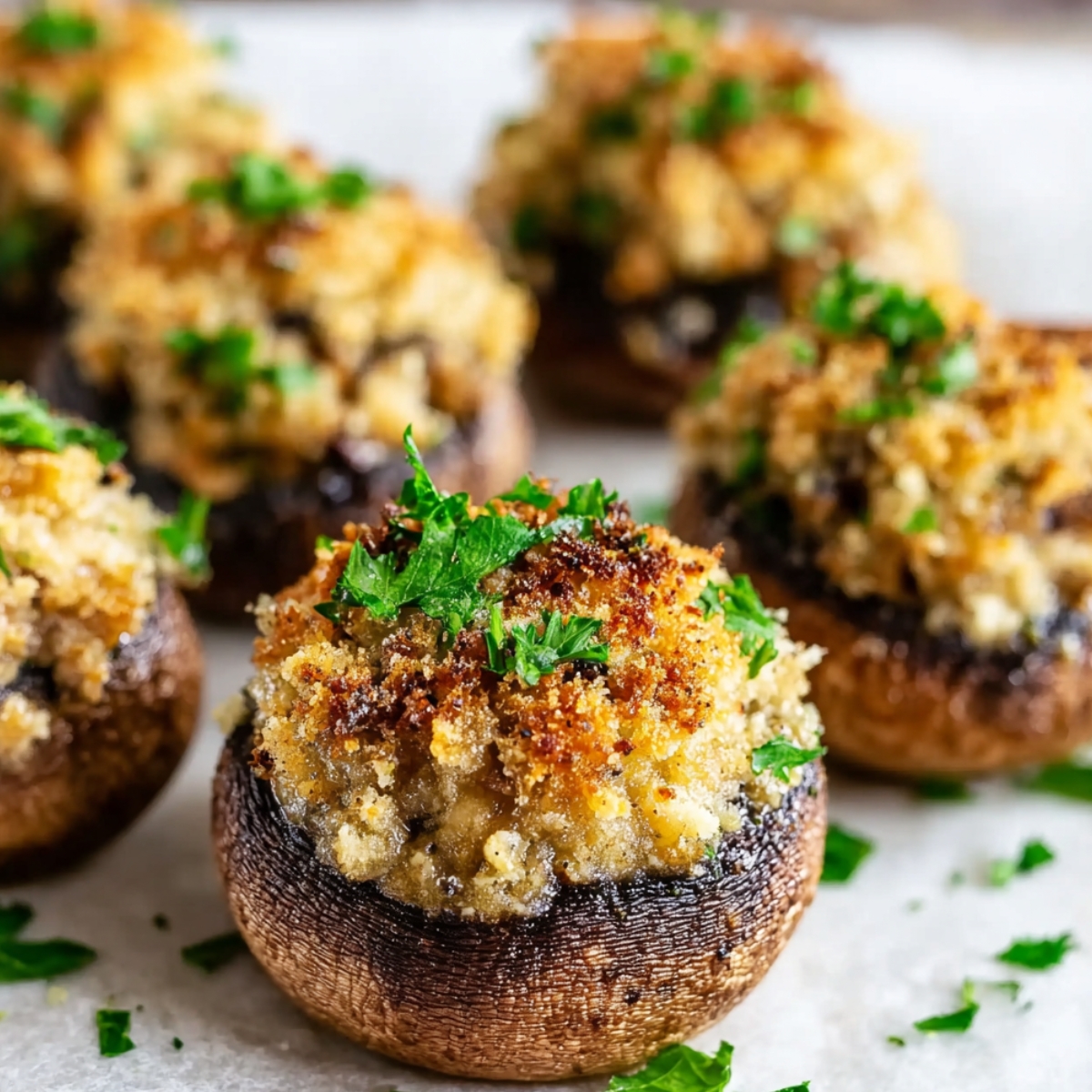 stuffed mushrooms Close up of perfectly baked stuffed mushrooms, golden-brown on top with a crispy breadcrumb topping, garnished with fresh parsley for a flavorful finish.