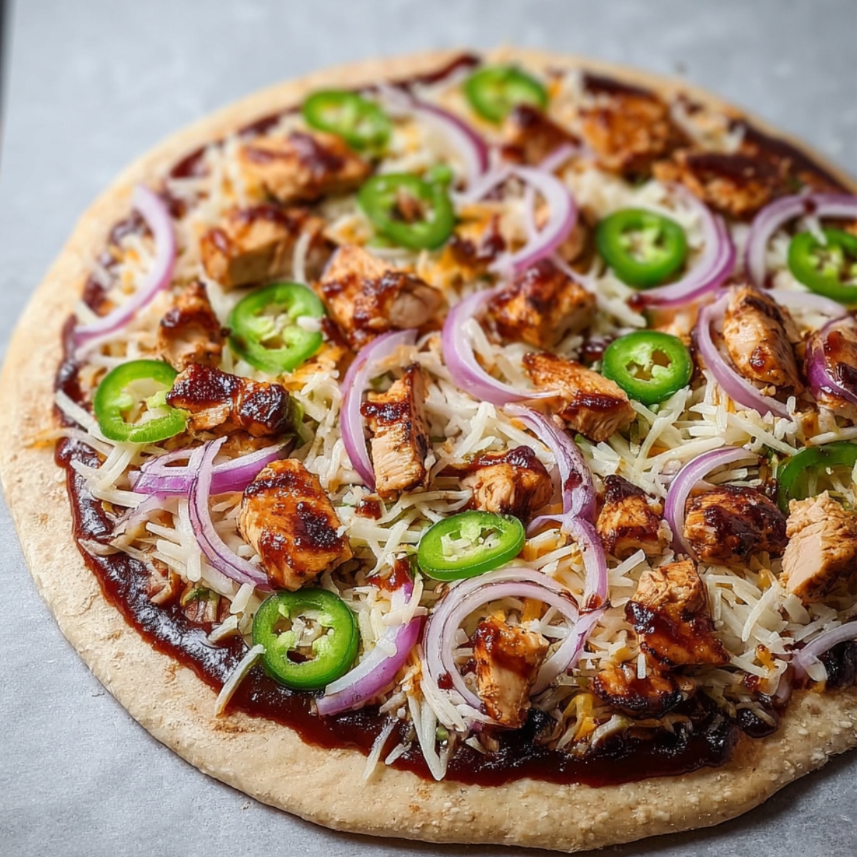 A spicy and savory twist on pizza with grilled chicken, jalapeños, and red onions! 🌶️🍕 #PizzaNight #FlavorExplosion